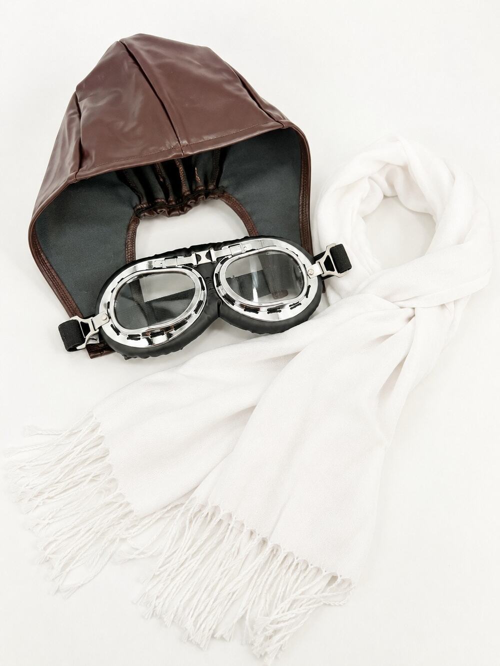 Vintage Aviator Hat Goggles & White Scarf Amelia Earhart Inspired Costume Set